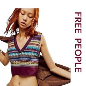 FREE PEOPLE Cropped Sweater Vest, Sangria Combo in Wine/Bordeaux, Size XS.